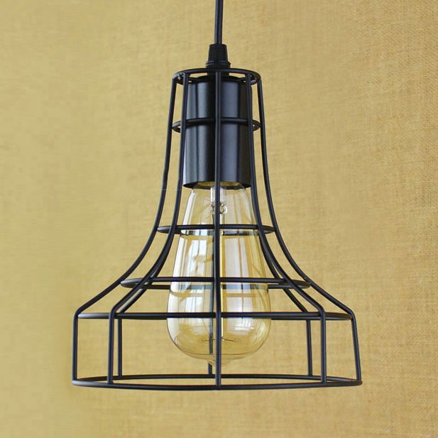 1 Head Pendant Lamp Antique Style Open Cage Metal Hanging Light Fixture in Black for Hallway