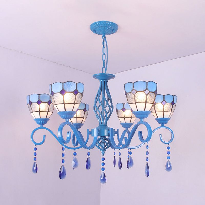 6/8 Lights Blue Pendant Lighting Nautical Tiffany Stained Glass Indoor Chandelier Light with 12" Chain