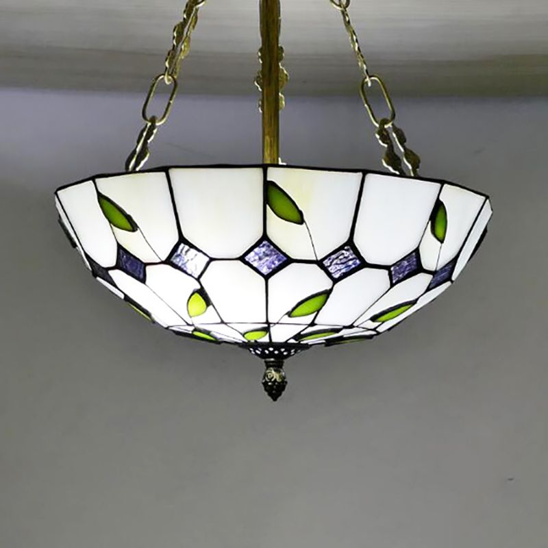 12"/16"/19.5" W Bowl Shade Ceiling Pendant Retro Style Stained Glass Chandelier with Leaf Pattern in Beige for Dining Room