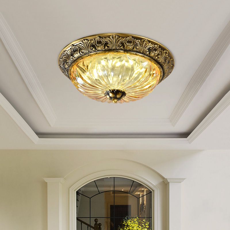 Antiqued Brass Bowl Ceiling Lamp Traditional Carved Glass Corridor Flush Mount Light Fixture