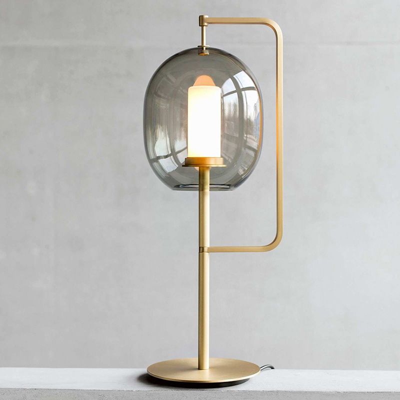 1-Light Living Room Night Lamp Simplicity Gold Table Light with Oval Smoke Gray Glass Shade