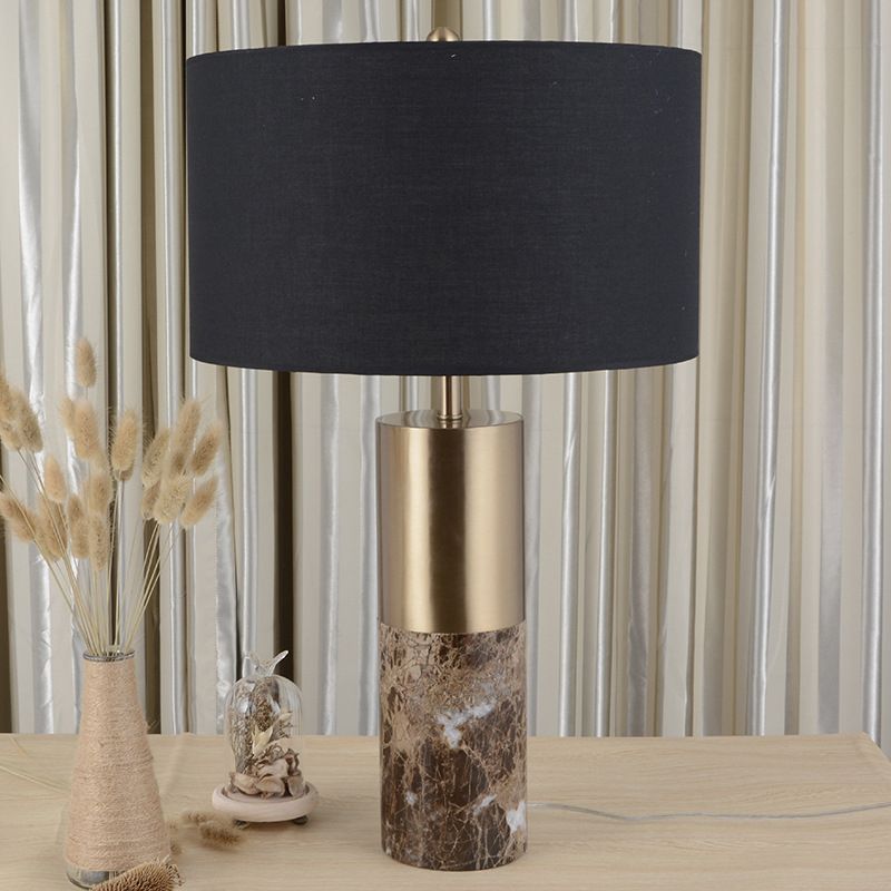 Cylinder Fabric Table Light Modern 1 Head Black Small Desk Lamp with Marble Base