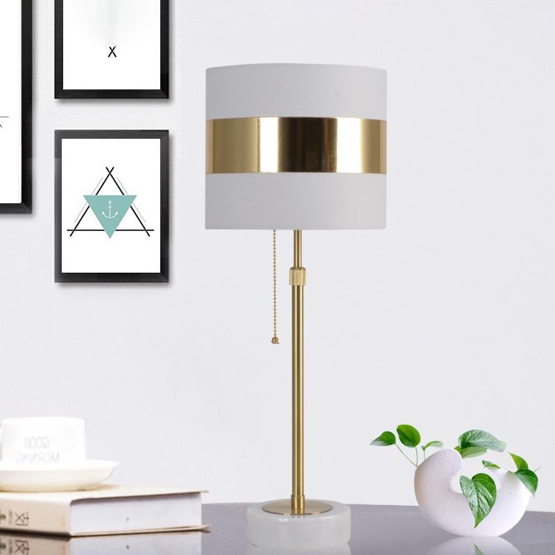 Post Modern Drum Table Light Fabric Single Bulb Bedside Nightstand Lamp in Gold with Pull Chain