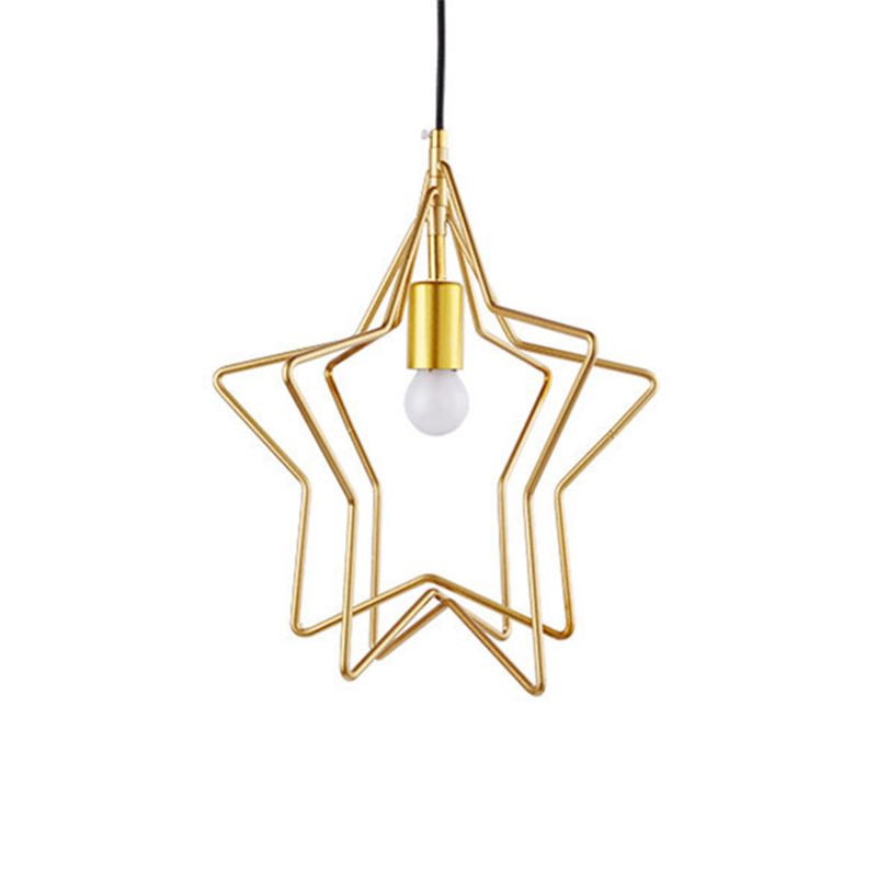 Lampada a soffitto a bulbo singolo Vintage Star Cage Metal Hanging Light in oro per sala da pranzo