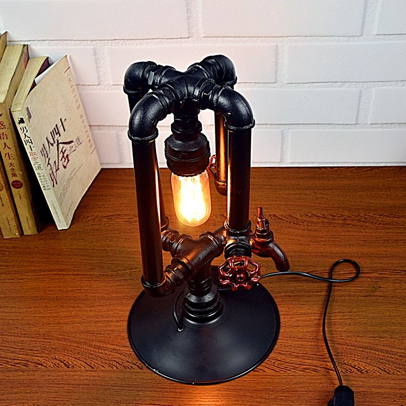 Black 1-Light Desk Lamp Vintage Metallic Crossing Pipe Table Light with Water Tap Deco