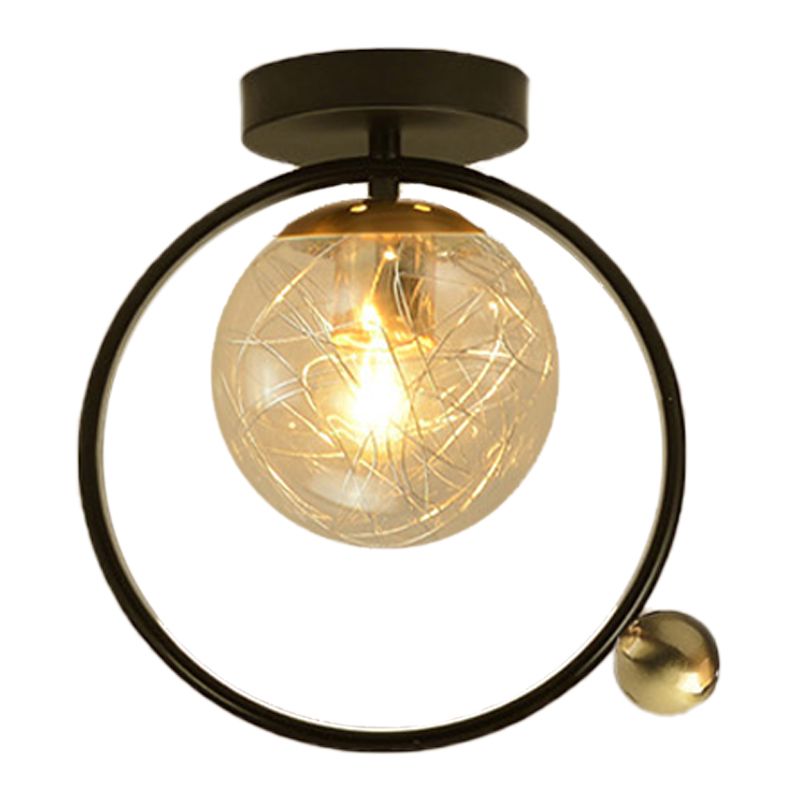 Spherical Semi Flush Light Contemporary Clear Glass Single Bulb Black Ceiling Mounted Fixture with Globe/Bird Decor