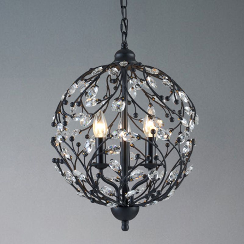 Black Globe Chandelier Pendant Light Artistic Modern 3-Light Crystal Ceiling Light