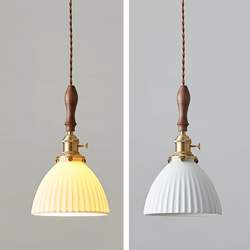 Ceramic Shaded Hanging Light Fixture Vintage 1 Head Dining Room Suspension Light in Brass