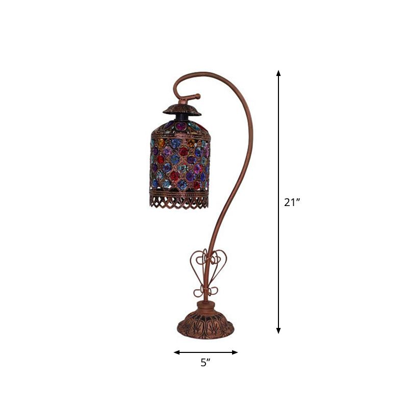 1-Light Gooseneck Nightstand Lamp Bohemia Copper Stained Glass Beaded Table Light with Gooseneck Arm