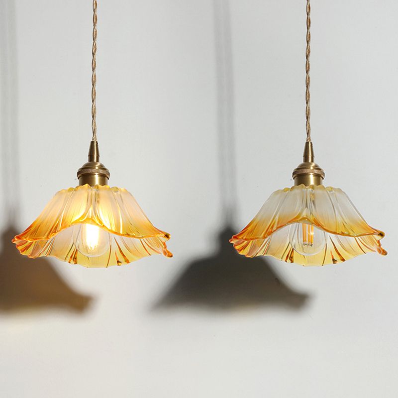 Yellow Glass Flower Ceiling Light Industrial Single Restaurant Hanging Pendant Light