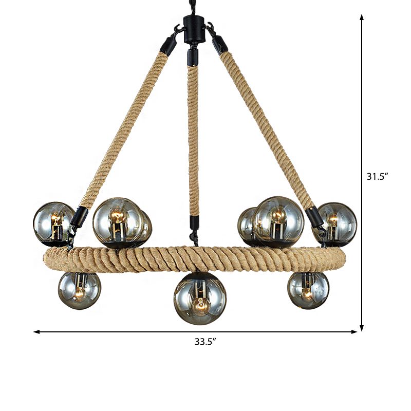 Beige 9 lichten kroonluchter lichtarmatuur industrieel touw sferische hangende lamp voor eetkamer met glazen schaduw