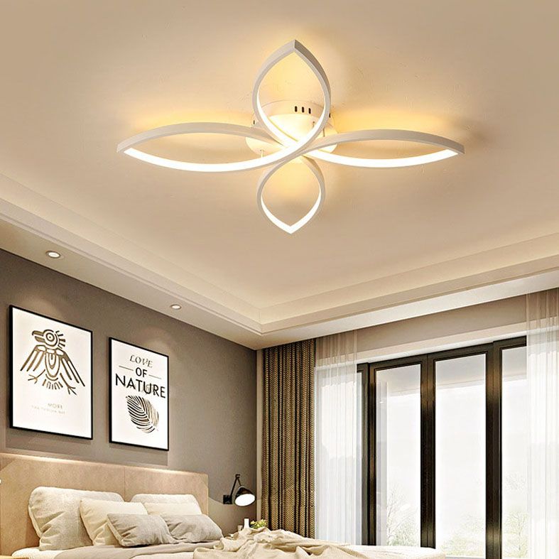 LED Bedroom Semi Flush Mount Light Nordic White Semi Flush Mount Lighting with Floral Metal Shade