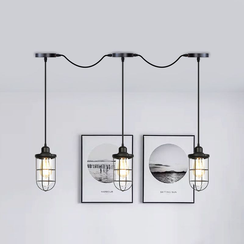 Black 3/5/7 Heads Multi Light Chandelier Farmhouse Clear Glass Cage Tandem Ceiling Lamp