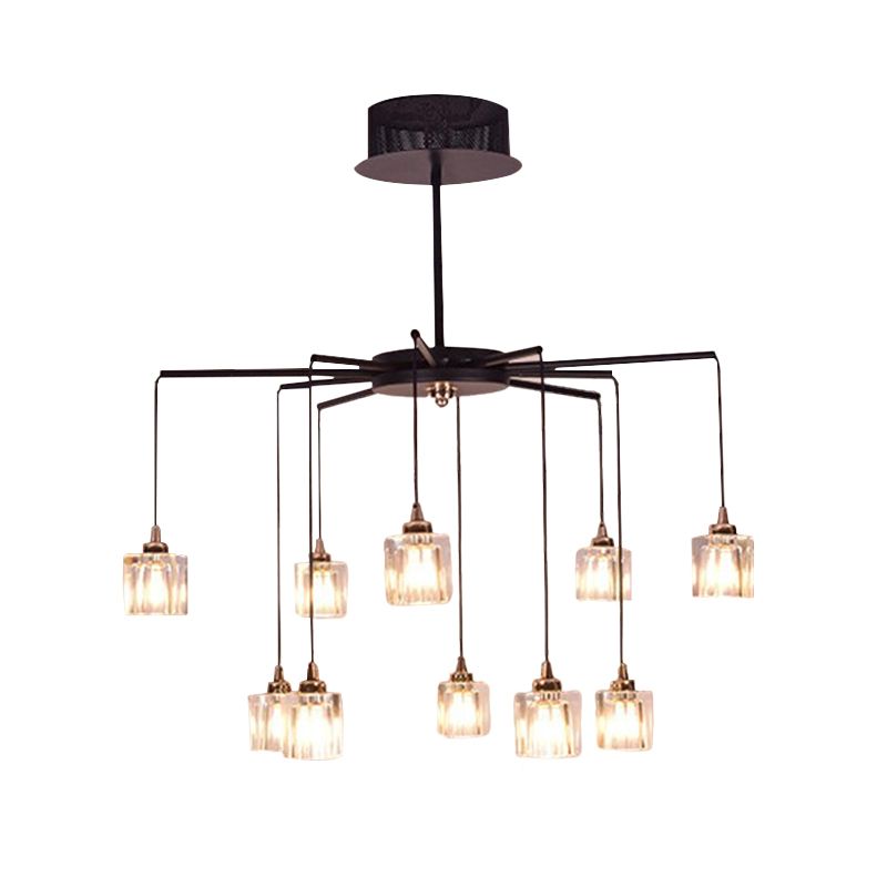 Black Finish Radial Ceiling Chandelier Modernist 10 Lights Metal Pendant with Cube Clear Crystal Shade