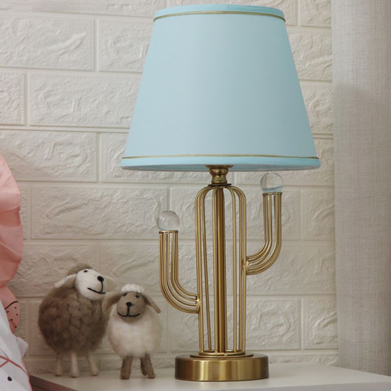 Fabric Cone Night Table Lamp Modern 1 Head Desk Light with Metal Base and Clear Crystal Orbit Decor in Blue