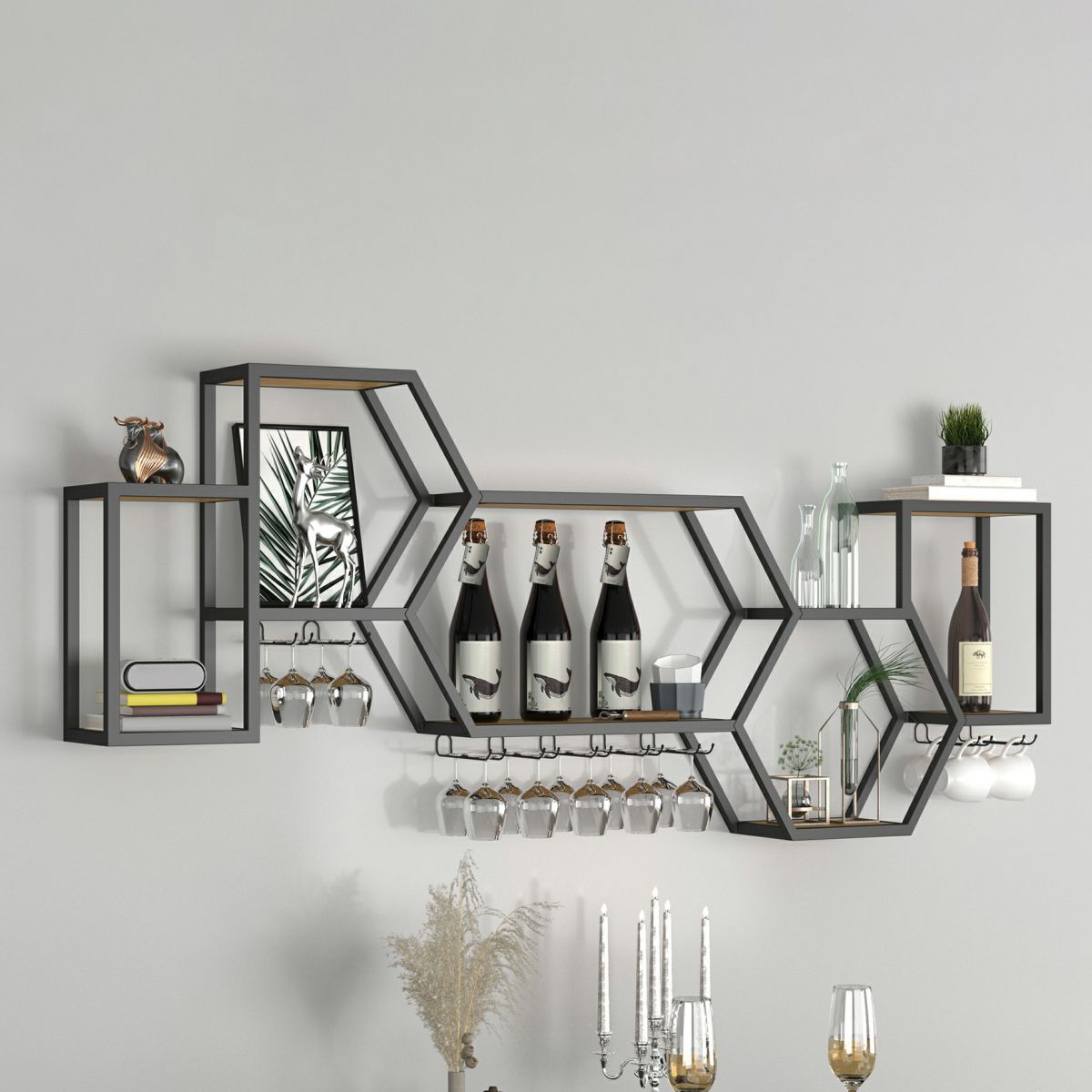 Wall Mounted Wine Rack Modern Metal Wine Bottle & Glass Rack for Dining Room