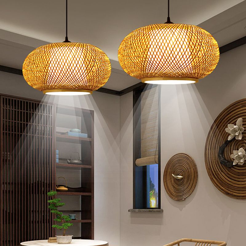 Brown Drum Pendant Light in Asian Creative Style Wrought Iron Hanging Lamp with Bamboo Weaving Shade