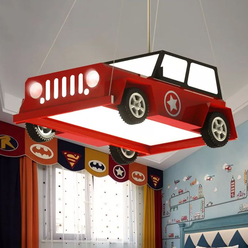 LED Boys Bedroom Ceiling Chandelier Cartoon White Pendant Light with Car Acrylic Shade in Warm/White Light