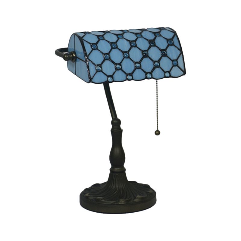 Jeweled Night Table Lamp Mediterranean Beige/Blue Glass Single Bulb Black Nightstand for Bedroom