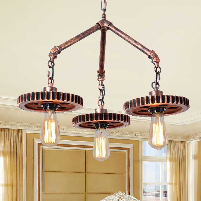 Open Metal Light Chandelier Industrial 3-Light Dining Room Pendant Lighting in Weathered Copper Gear