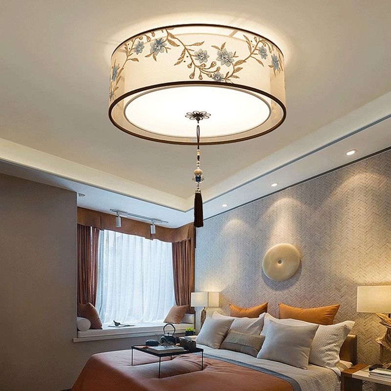 Geometry Shape Ceiling Lamp Tradition Iron Flush Mount with Fabric Lampshade for Hotel