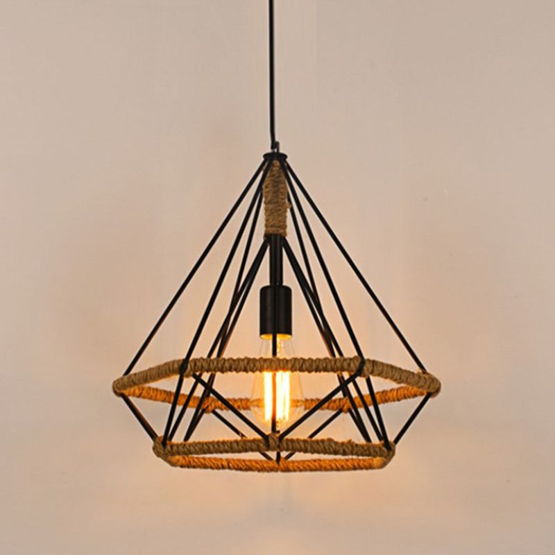 Rope Diamond Pendant Lighting Fixture Vintage Style Restaurant Hanging Pendant Light in Black