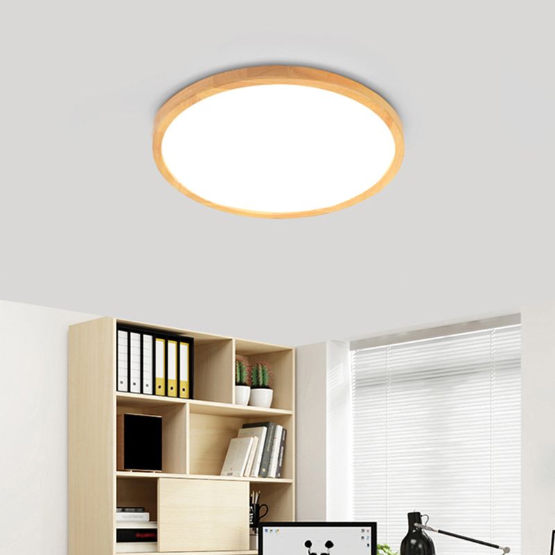 Round Shape Wood Flush Mount Light Modern 1 Light Flush Mount Ceiling Light in Brown