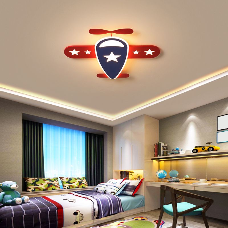 Airplane Ceiling Flush Light Fixture Cartoon Metal Boys Room LED Flush Mount in Red-Navy Blue