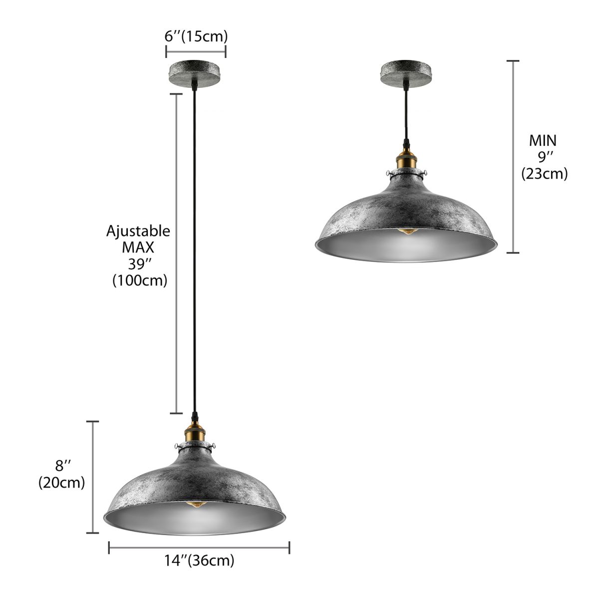 1 Luz de techo de cúpula ligera Luz de techo colgante de hierro gris plateado con estilo gris elegante con cordón para sala de estar