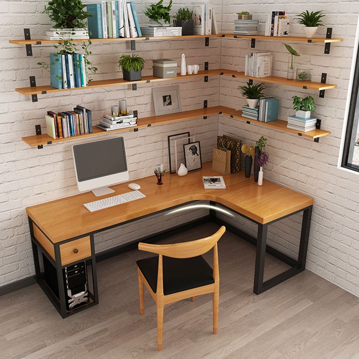 Solid Wood Computer Desk Industrial Style L-Shape Office Desk with Storage and Drawer