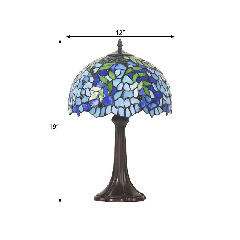 Mediterranean Leafy Pattern Table Lamp 1 Head Stained Glass Night Stand Light in Bronze