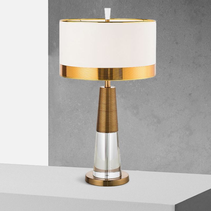 1 Head Table Lamp Contemporary Drum Fabric Shade Nightstand Light in White with Clear Crystal Base