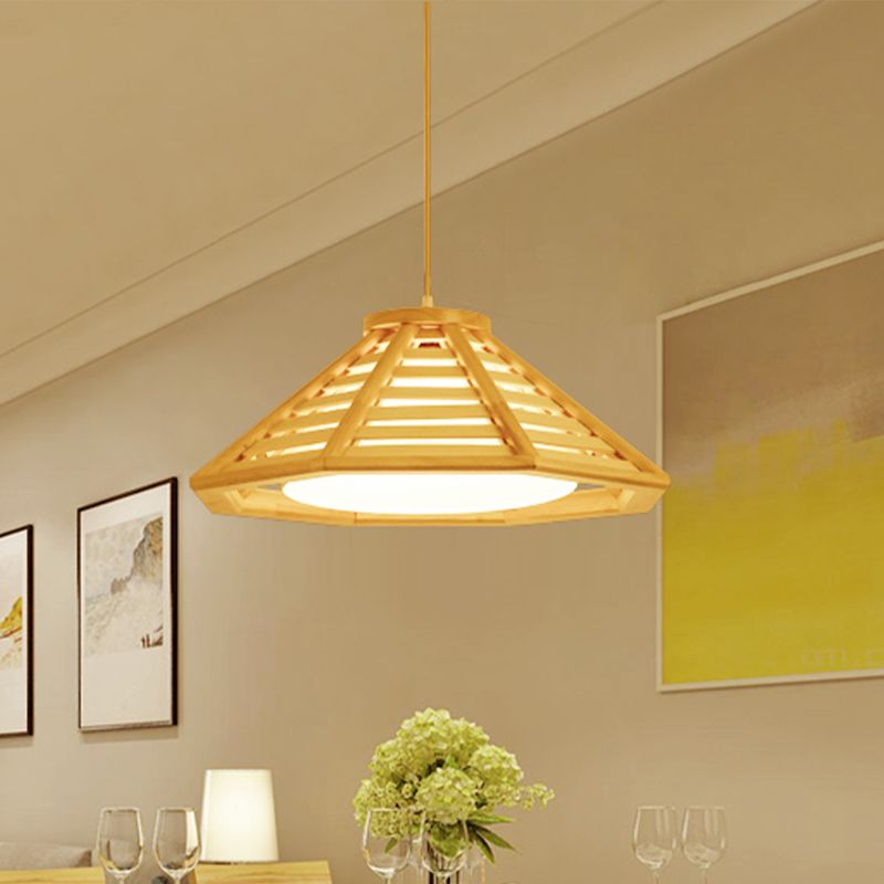 Tapered Hanging Lamp Asian Wood 1 Bulb 14"/19.5" Wide Beige Pendant Light Fixture with Inner White Fabric Shade