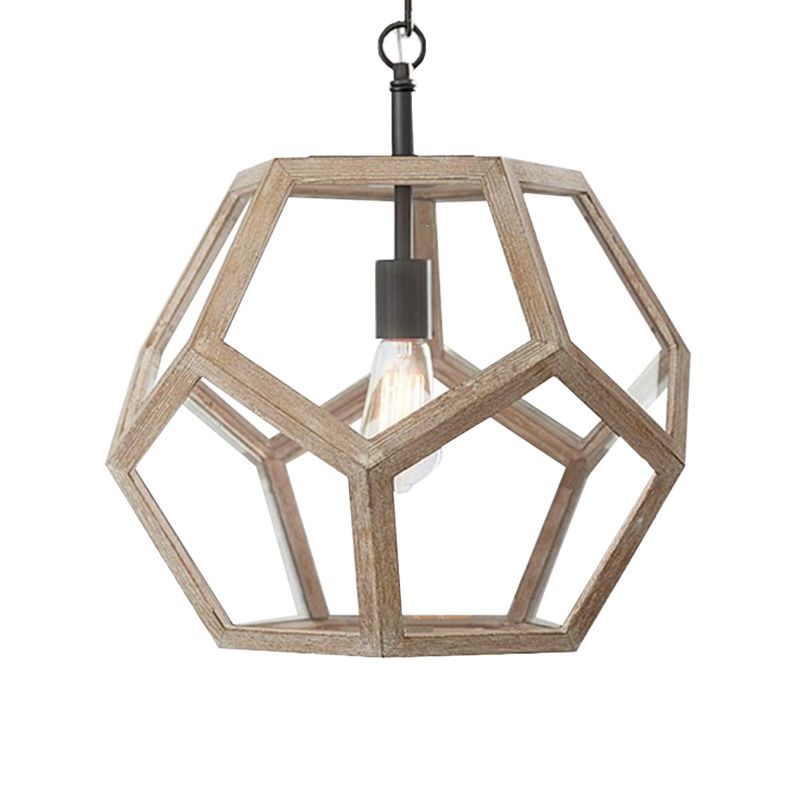 Polygon beige houten hanglamp lichtvormige boerderij 1 lichte gang hangend plafondlicht