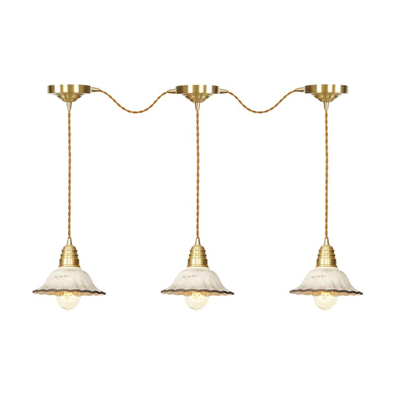 Traditional Scalloped Multiple Hanging Light 3/5/7-Bulb Ceramics Suspension Lamp in Gold with Series Connection Design