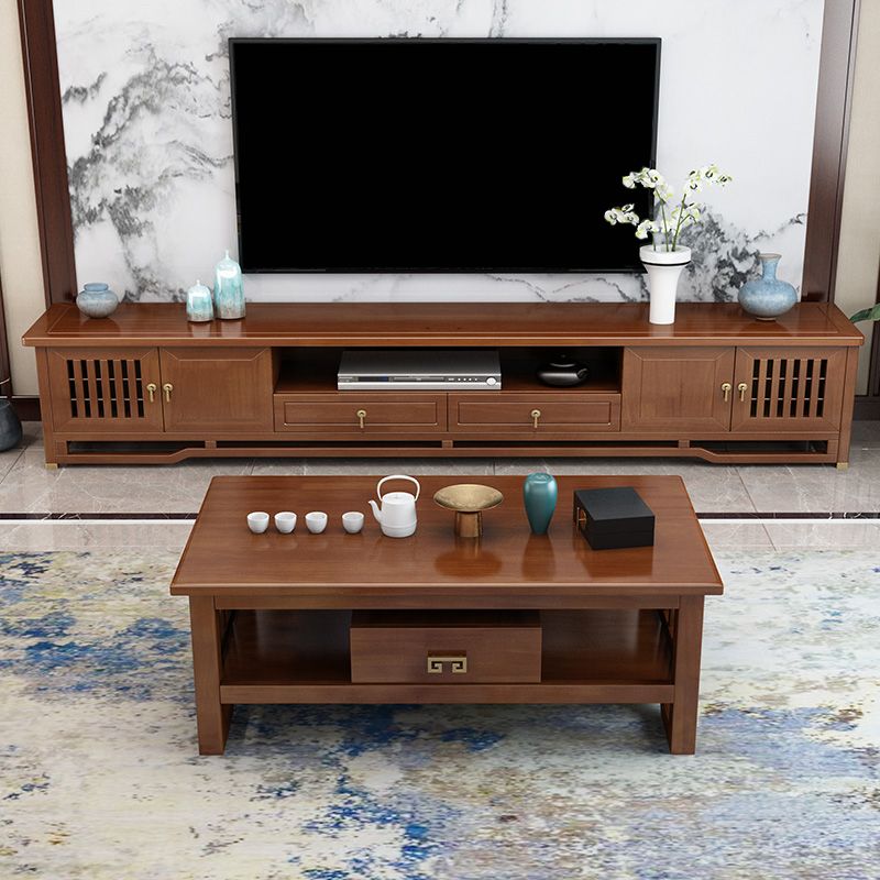 Traditional TV Media Stand Open Shelving Rubberwood TV Stand Console with Drawers