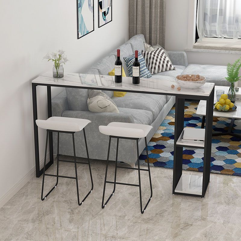 Rectangular Artificial Marble Bar Table Modern Bistro Table with Double Pedestal in Black