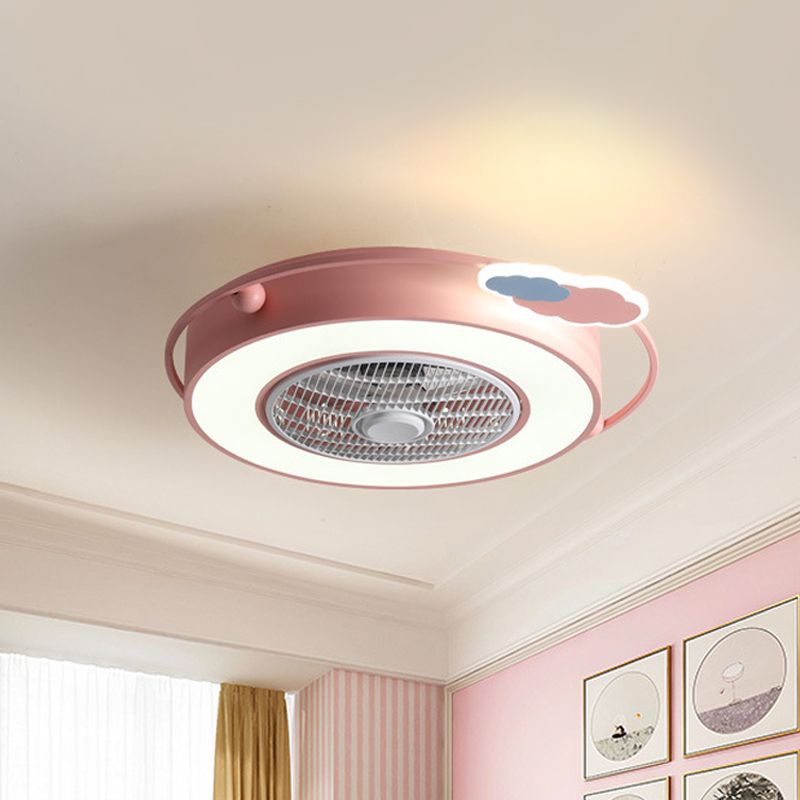 Blue/Pink Box LED Ceiling Fan Kids Acrylic Bladeless Semi Flush Mount Light Fixture with Round/Loving Heart/Cloud Ornament, 23.5" Width