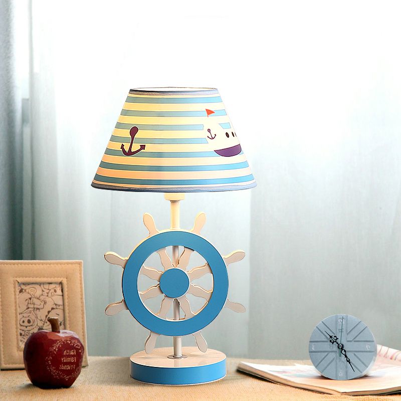 Fabric Conical Study Light Kids 1-Bulb Blue Reading Book Lamp with Rudder Base for Bedroom