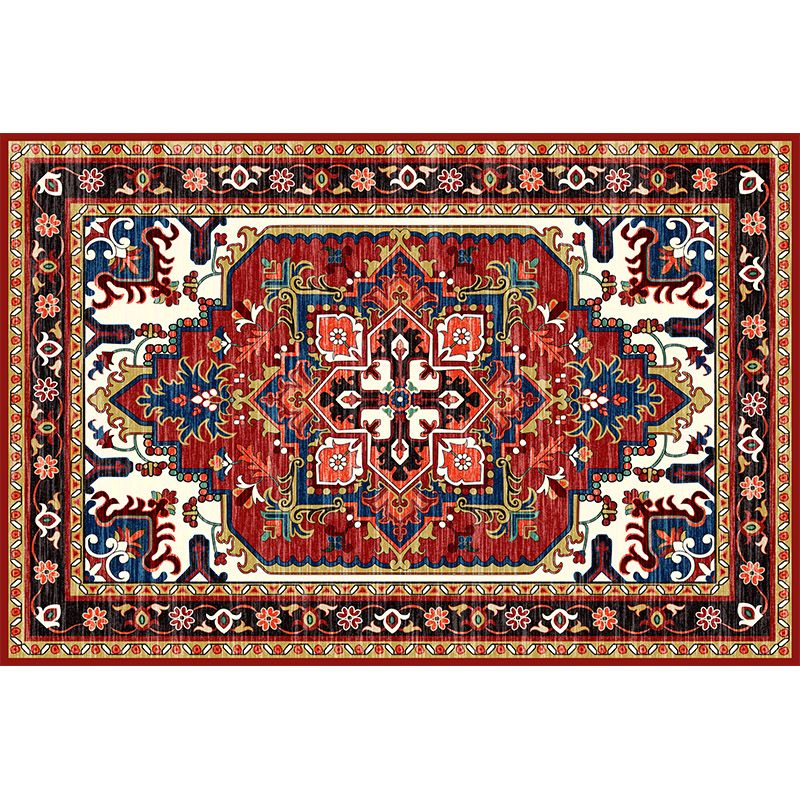 Red Tone Moroccan Area Rug Polyester Ethnic Print Indoor Rug Anti-Slip Backing Carpet for Home Decor