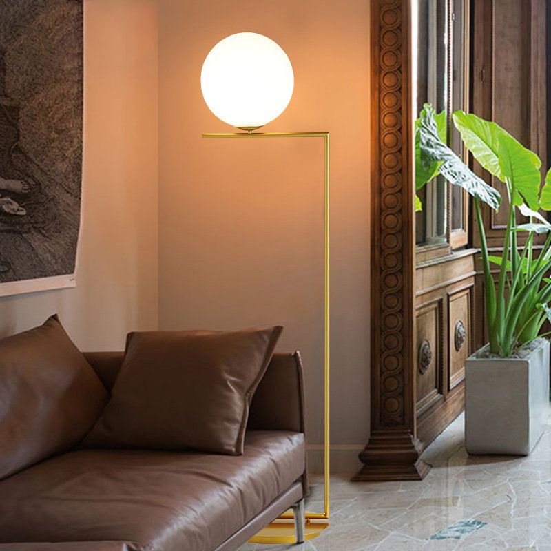 Spherical Floor Lamp Modern Frosted Glass 1 Light Gold Finish Floor Lighting with Right Angle Arm