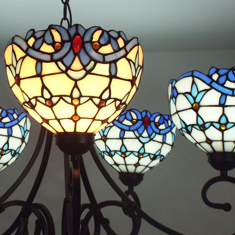 Victorian Bowl Anhänger hell 5 Leuchten Buntglas Innenleuchter in Blau für Foyer