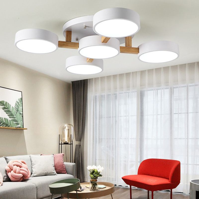 LED Nordic Creative Semi Flush Mount Ceiling Light Circle Shade Wooden Ceiling Mounted Light for Bedroom