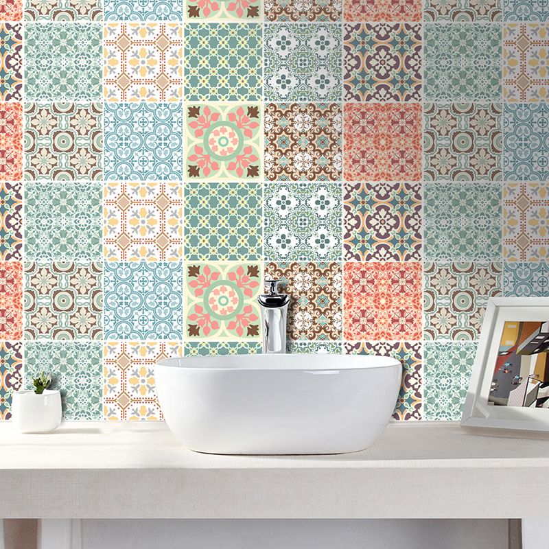 Boho Chic Geometric Wallpaper Panel in Red-Blue-Green Self Adhesive Wall Art for Bath