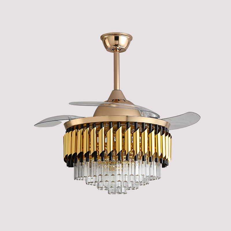 Layered Crystal Black/Gold Ceiling Fan Tapered Drum 3-Blade Postmodern LED Semi Flush Light, 42.5" Width