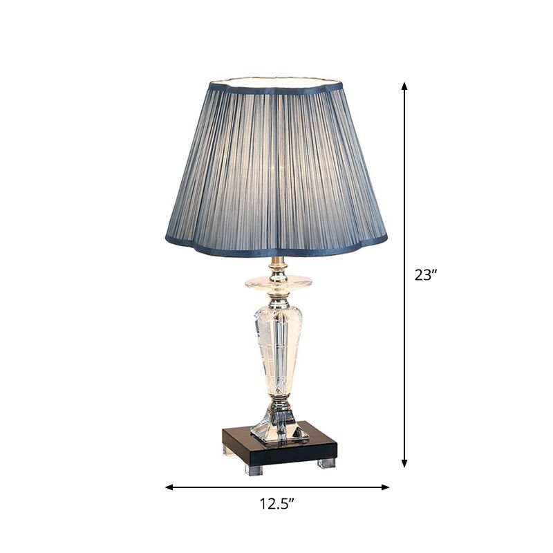 Blue 1 Light Night Table Lighting Traditional Fabric Floral Trim Shade Reading Lamp with Crystal Urn Base