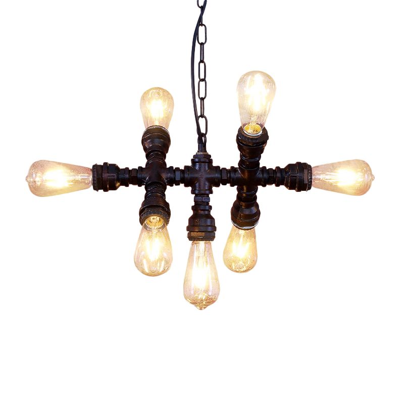 Black 7-Head Chandelier Light Industrial-Style Wrought Iron Plumbing Pipe Pendant Light Fixture