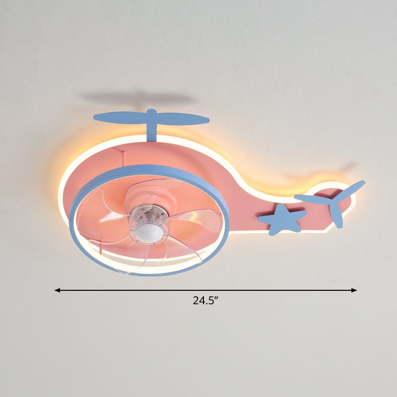 Éclairage de ventilateur en aluminium en forme de boucle dessin animé Pink Semi Flush Mounted plafond Light avec télécommande