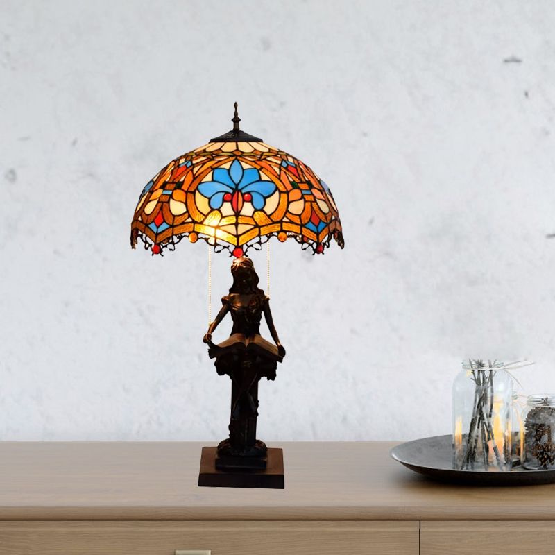 2-Light Reading Girl Table Light Tiffany Bronze Resin Pull Chain Night Lamp with Bird Blue-Brown/Net Yellow-White Glass Shade