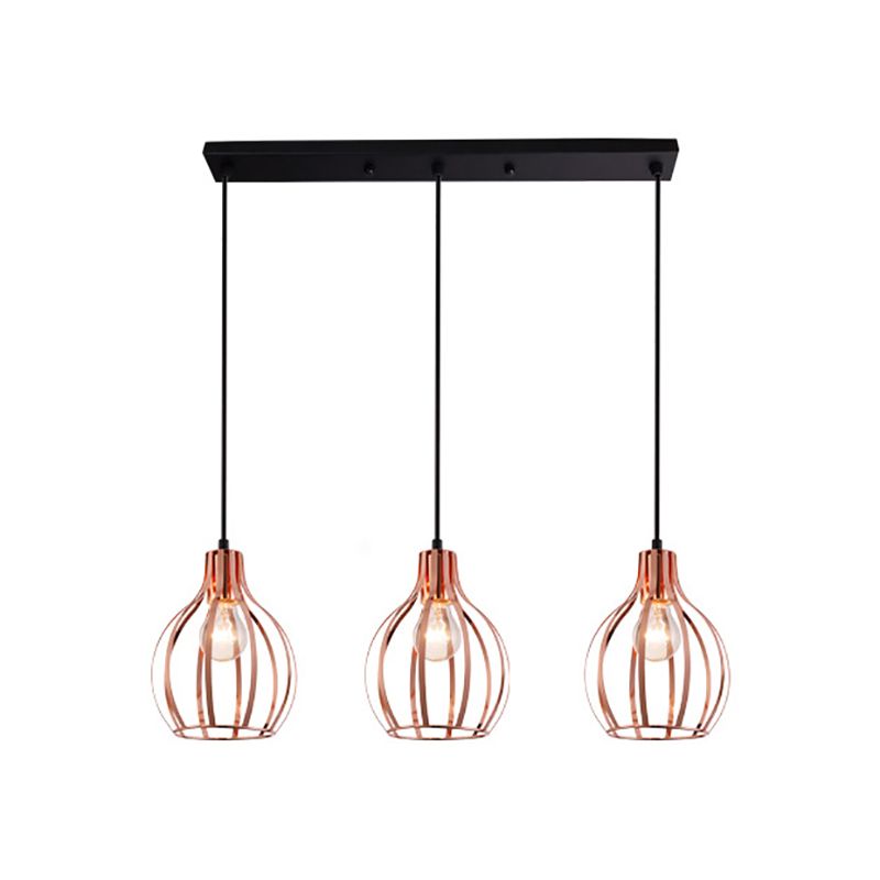 Metallic Rose Gold Pendant Lighting Global Cage Shade 3 Lights Industrial Style Ceiling Light Fixture with Round/Linear Canopy